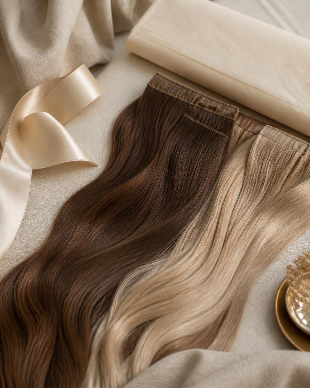 AVRÉE hair wefts with silk ribbon on natural linen