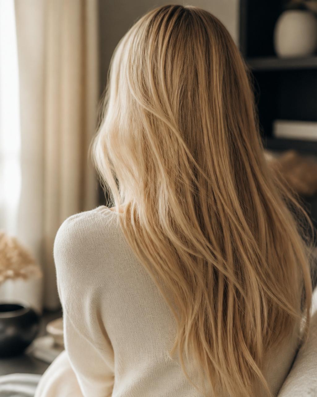 Woman with long blonde AVRÉE hair extensions, viewed from behind